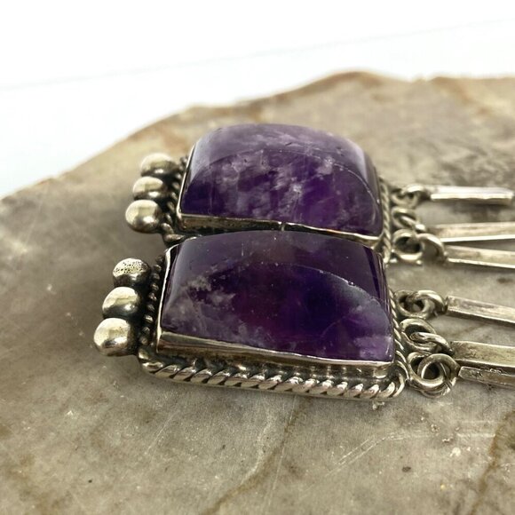 VTG Sterling Silver 925 Mexico Bezel Set Loaf Faceted Double Amethyst Brooch - Picture 5 of 16